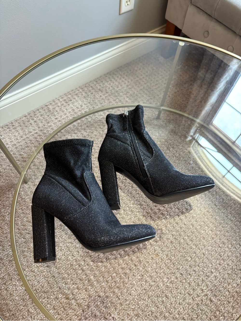 Black Sparkle Pointed Toe Block Heel Ankle Boots - Women